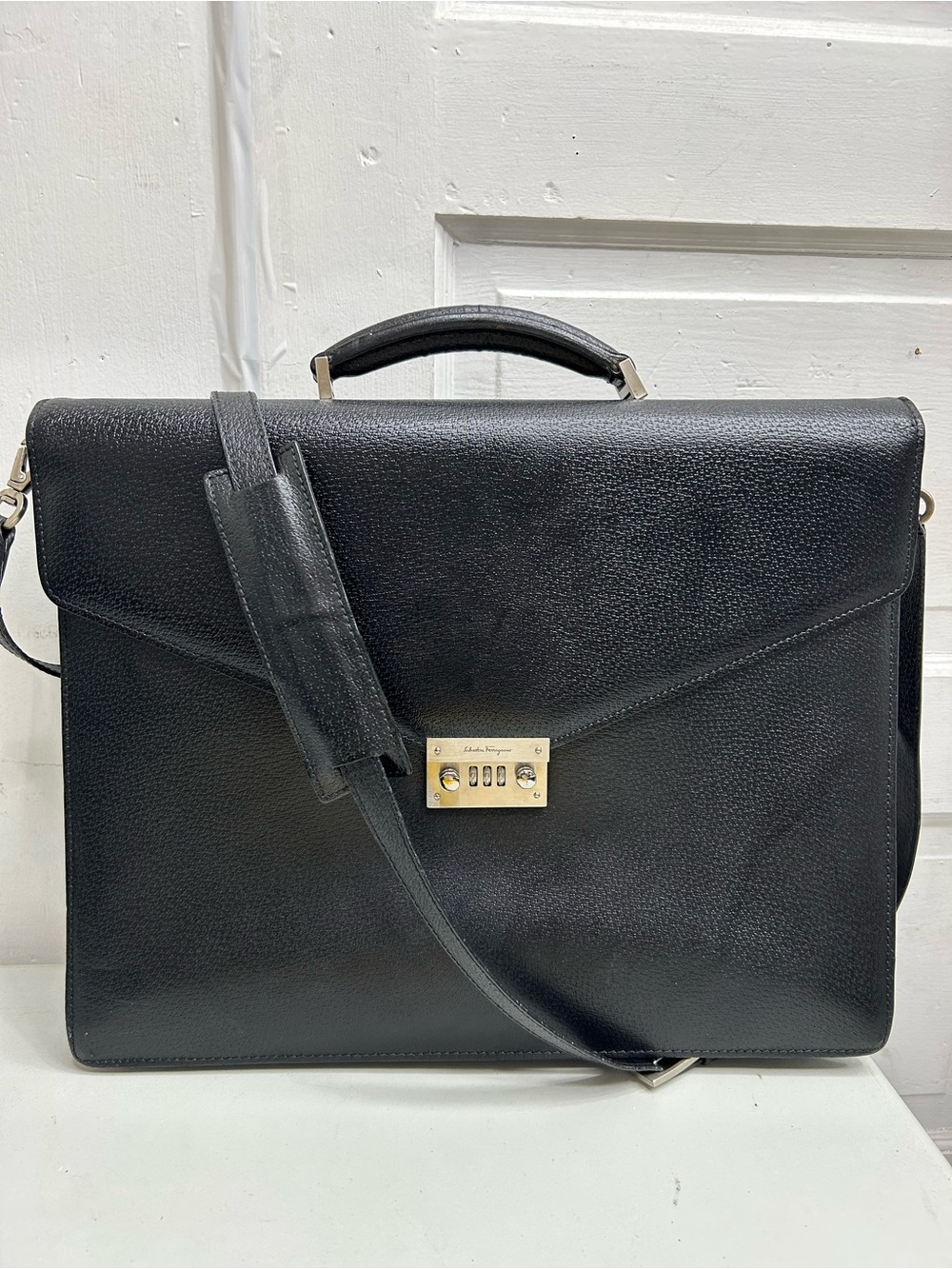 Salvatore Ferragamo Black Leather Laptop Briefcase with Gold-Tone Lock